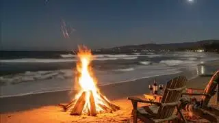 Cozy Beach Bonfire & Ocean Waves | Relaxing Night Ambience