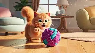Cat Chases Unraveling Yarn Ball