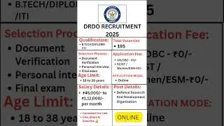 Defence Research And Development Organisation Recruitment 2025 ll Apply Now New Job #DRDO #govtjobs