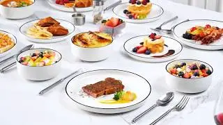 MALACASA Luna 12 Piece Dinnerware Set Black Trim, Minimalist Tableware for Daily Use, Lightweight