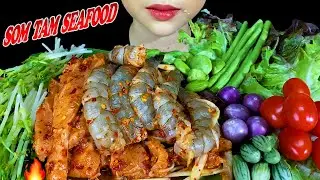EATING SOM TAM SEAFOOD||SPICY RAW SHRIMP, RAW SALMON WITH PAPAYA SALAD ส้มตำกุ้งสด SPICY THAI FOOD