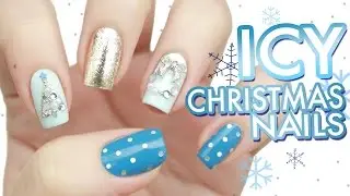 Icy Crystal Blue Christmas Tree & Wreath Nail Art