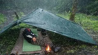 Solo Camping in Heavy Rain | Overnight with Only a Tarp