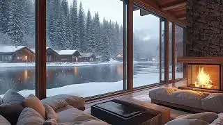 Snowy Alpine Ambience &ndash; Mountain Pond View With Fireplace | Crackling Firewood + Soft Piano.