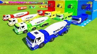 TRANSPORTING ALL COLORFUL POLIMIX MIXER TRUCK, RENAULT TIPPER TRUCK TO GARAGE WITH SCANIA TRUCK-FS22