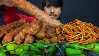 EATING SPICY CHICKEN SAUSAGE DRIED WITH CHOWMEIN FRIED+ SPICY CHILLI