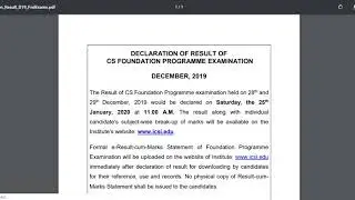 www.icsi.edu Result CS FOUNDATION PROGRAM DECEMBER 2019, ICSI CS Result 2019 Marks scorecard