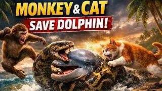 past1 ll Monkey & Cat Save Dolphin from giant python Attack On The Island @KittyDreamWorld