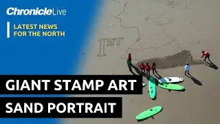 Sand artist creates giant first-class stamp featuring portrait of The Queen
