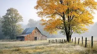 Watercolor Autumn Tree and Barn Landscape