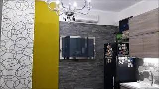 Cucina moderna - Tenda a tre pannelli scorrevoli geometrico colorato, canapone verde e grigio.