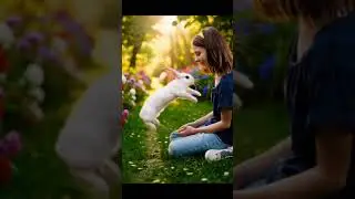 rabbit hopping toward a young girl sitting in a peaceful garden #funny  #agt #ai #memes