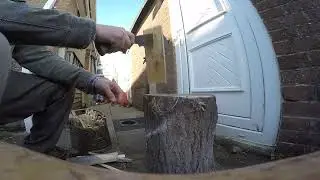 Kindling with a billhook for the wood burner.