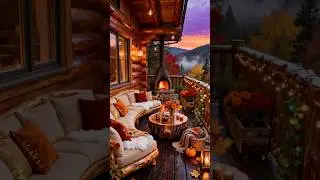 Cozy Autumn Log Balcony at Night | Relaxing Fireplace & Forest View | Wooden Log Ambience