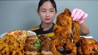 전기구이통닭(찹쌀) 옛날통닭 돼지바베큐 닭껍질튀김 먹방