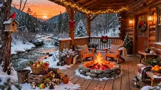 ❄️ Cozy Winter Rustic Porch by the River 🔥 Crackling Fire Pit, Gentle Water Sounds & Snowy Ambience