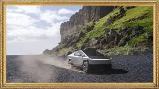 Tesla CyberTruck driving along a Mountain TV Frame Art Car Wallpaper for your TV by EVS Motors