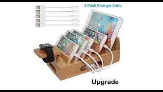 Bamboo Charging Station Organizer for Multiple Devices & Wood Desktop Docking Charging Stand
