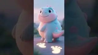Dino waddles through snow, footprints glowing faintly behind