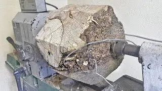 Woodturning - a log with a wire embedded in it