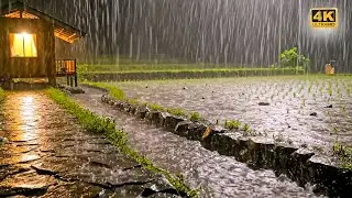 Heavy Rain at Night on Rice Field Hut for Deep Sleep & Insomnia Relief | Rain Sounds No Thunder 4K