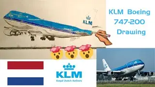 SUPER CHALLENGING OUTLINE! Drawing a realistic KLM Boeing 747-200. Airplane speed drawing time lapse