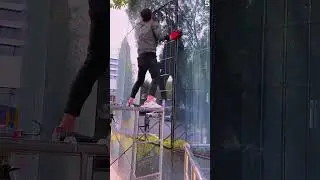 The God-level Skill Of Professional Workers Install Glass At Height Using Only Simple Tools #Shorts