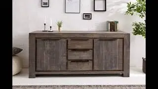 Bahut design industriel de couleur naturelle en bois massif &agrave; 2 portes et 3 tiroirs
