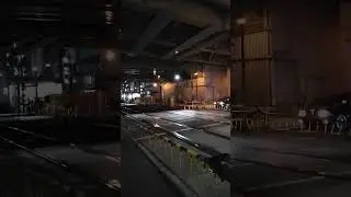 Train speeding through level crossing at night in Osaka