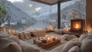 Cozy Winter Fall Cabin by the Lake ❆ Soft Piano and Crackling Fireplace Sounds for Sleep, Focus