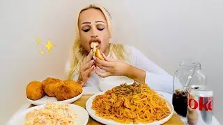 CREAMY TOMATO PORK RAGU SPAGHETTI, BLACK TRUFFLE ARANCINI & HOMEMADE COLESLAW ASMR RECIPE & MUKBANG