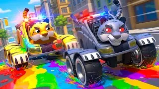 🌈Tiger POLICE car’s EVIL TWIN shoots RAINBOW SLIME and creates chaos! Super Rescue Squad