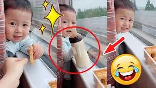 A cute little one was given a cookie on the high-speed train!