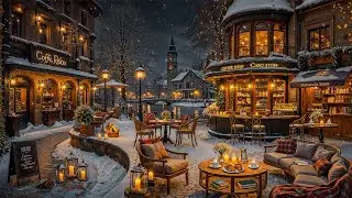 Snow Falling at Outdoor Coffee Shop Ambience ❄ Relaxing Winter Jazz Instrumental Music to Good Mood