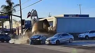 Semi-truck plows into three cars and rams gas station