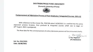 SPPU 2021 OEE Postponement of Admission Process of Post Graduate/ Integrated Courses: 2021-22