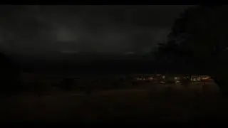 Thunder Rumbling Over The Valley At Night, Echoing Across The Grasslands, With Village Lights