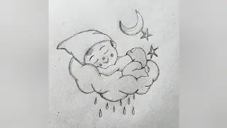 A dreaming baby boy sleeping on clouds 🌧️| Pencil drawing | Easy baby drawing