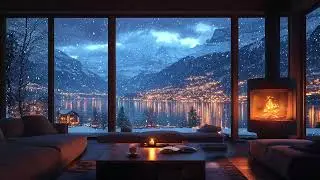 Calm Snowy Evening at a Mountain Lake ❄️ Soft Falling Snow & Cozy Fireplace Ambience