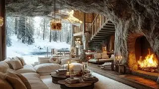 Raging Snowstorm in Freezing Night Beyond Cabin | Fireplace Sounds for Deep Calm Sleep