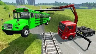 Cars Vs Giant Pit Deep Water - Truck Cars Rescue Bus On Rails And Trains - BeamNG.Drive