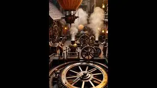 dramatic birds eye view of a bustling Steampunk