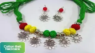 How to Make Lovely Cotton Thread Bead Necklace With Earrings - Cotton ball Necklace Making Tutorial