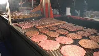 Best of Balkans Meat on Grill. Pljeskavica, Ćevapčići and Ražnjići. Street Food