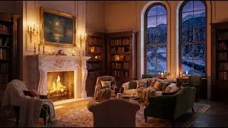 Snowy Mountain Manor Library ❄️ Warm Jazz & Fireplace Sounds