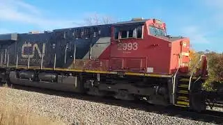 CN 3039 pulls an Eastbound train with BN, BNSF cars, EAGX  tank car, CN 3993