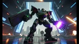 Epic Titan Battle battle in a futuristic arena, huge robots fighting with laser beams, explosions,