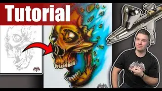 Airbrush Tutorial Freihand SCHNELL Lernen Skull Nr.2  (4k/60FpS) DE Audio/ENG SUB