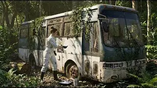 Building a secret home inside an abandoned bus (ASMR) – A woman living in the woods.