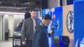 Luka Doncic arrives for the Mavs-Lakers game at the AAC